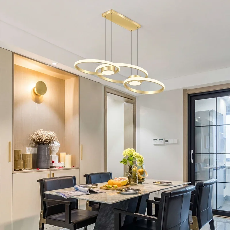 

Modern LED 4 Rings Pendent Light Northern Europe Simple Design Gold Aluminum Chandelier Dining Room Kitchen Hotel Hanging Lamps