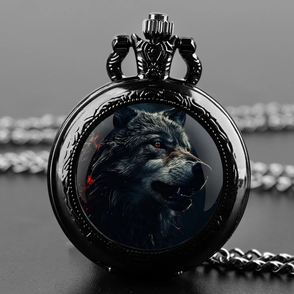 Grey Wolf Practical Gifts Glass Dome Arabic Numerals Quartz Pocket Watch Necklace Pendant Clock with Chain Men Women Gift