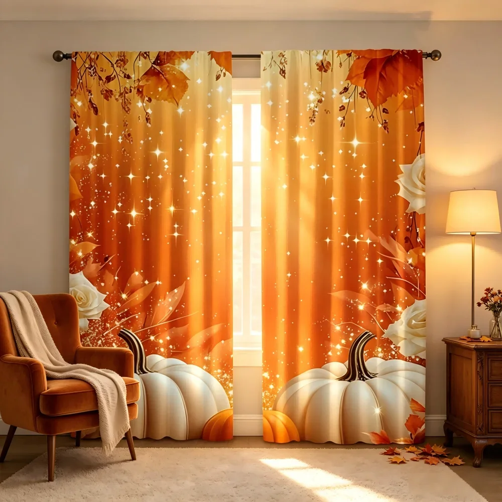 2PCS Digital Printed Curtain, Sparkle Orange Pumpkin with White Roses, Glamorous Fall Autumn Style Window Drapes for Home Decor