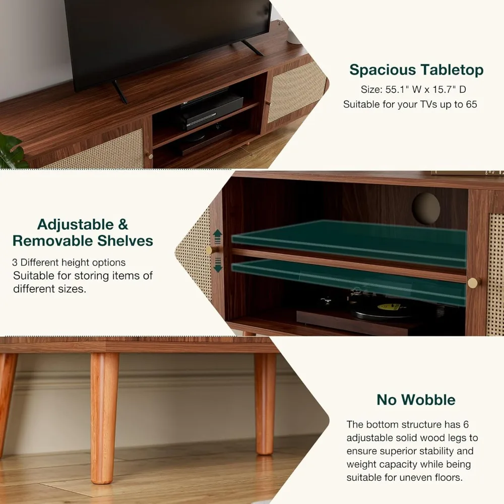 حامل تلفزيون كبير 65، مركز ترفيه بباب الروطان مع أرفف وخزائن تخزين، وحدة تحكم أنيقة لوسائط بوهو لغرفة المعيشة