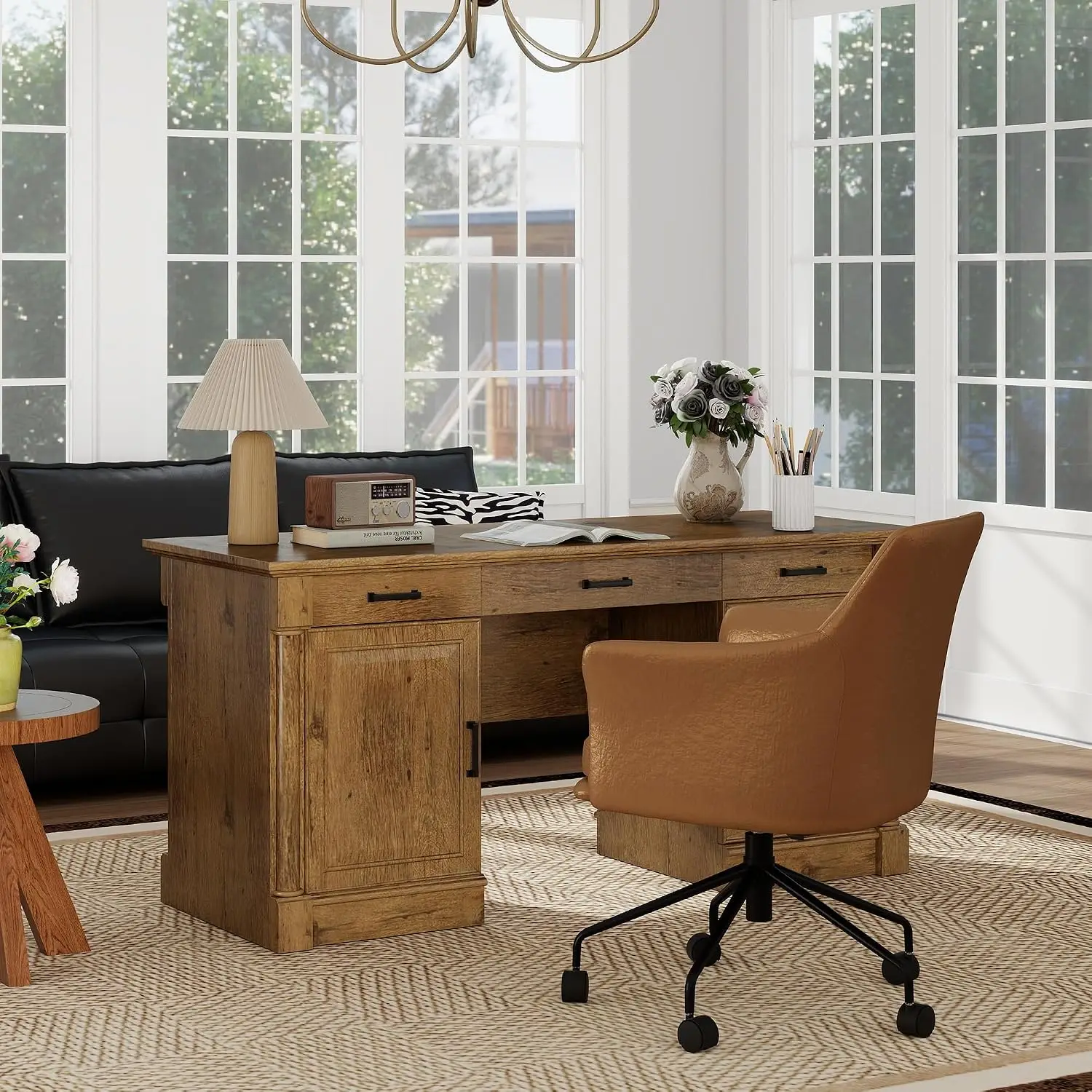 Executive Desk Roman Column Design 3 Drawers File Drawer Keyboard Tray Cabinet Shelf Door 61.85