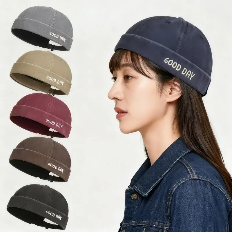 

Washed Denim Melon Cap Brimless Hat Men Women Retro Letter Embroidered Beanie Skullcap Fashion Hip Hop Street Hat Docker Caps