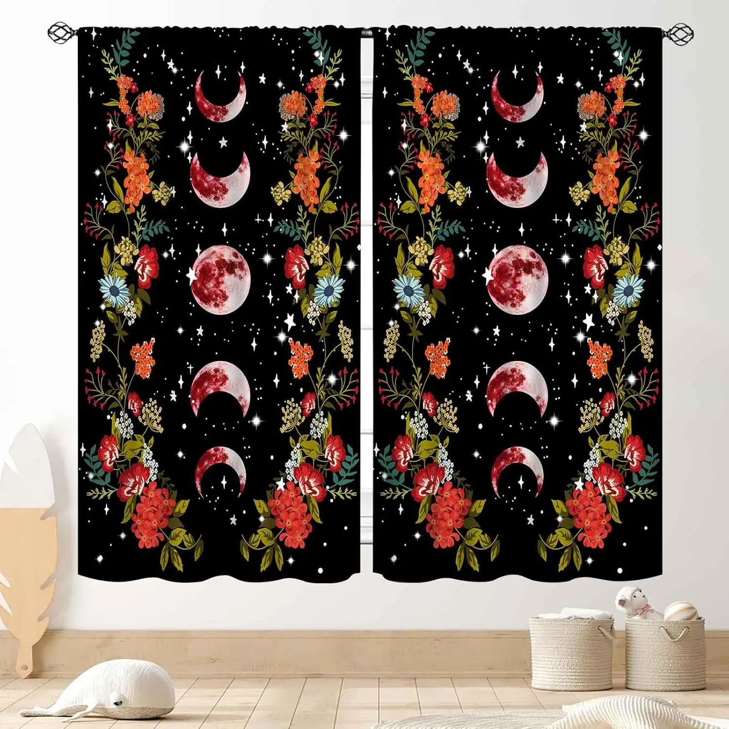 Wild Floral Curtains, Moon Phase Gothic Botanical Moonlit Wildflower Plants Starry Sky Aesthetic Spring Flower Blackout Window