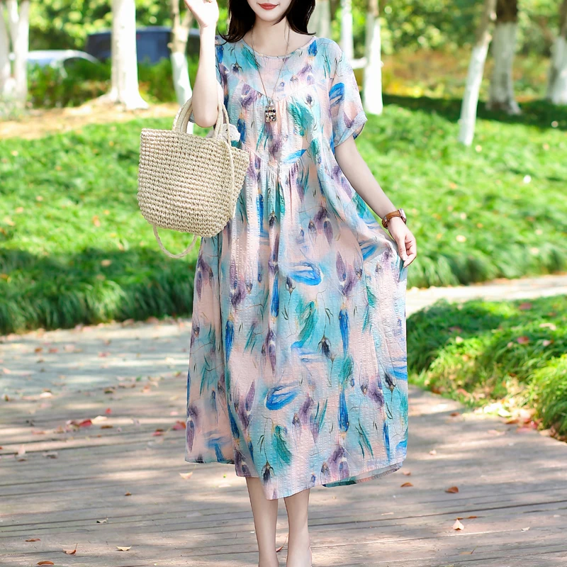 

2025 Women Slim Casual plus size Bohemian Women Beach Dress Vestidos Female New Ladies Vintage Floral Print Summer Dress
