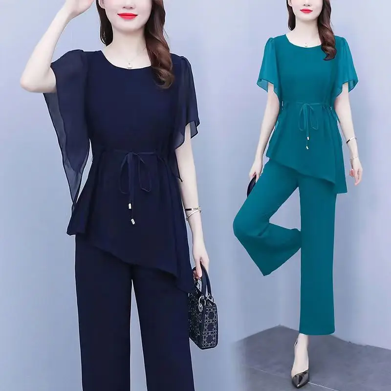 

2023 New High End Western Chiffon Set Women's Summer New Loose Size Women's Breathable Mesh Short Sleeve Fashion Two Piece Set