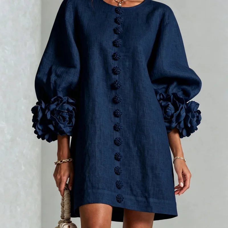 Women Cotton Linen Mini Dress Puff Sleeve Flower Button Loose O Neck Summer Beach Vacation Short Dress Navy Female Clothing