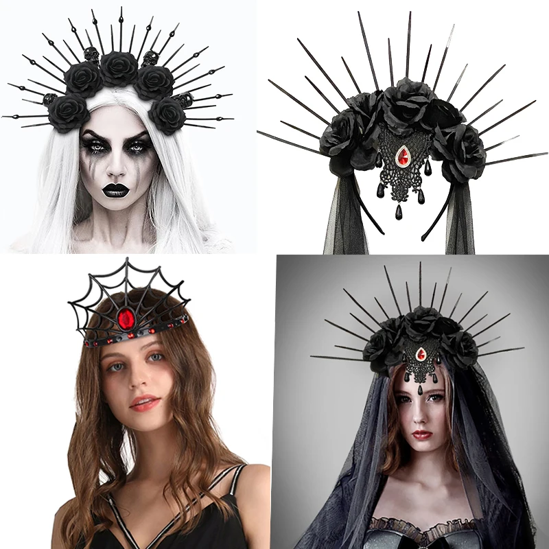 Women Spider Queen Crown Gothic Bride Rose Veil Headband Girls Skull Flowers Headwear Medusa Headpiece Party Wearing