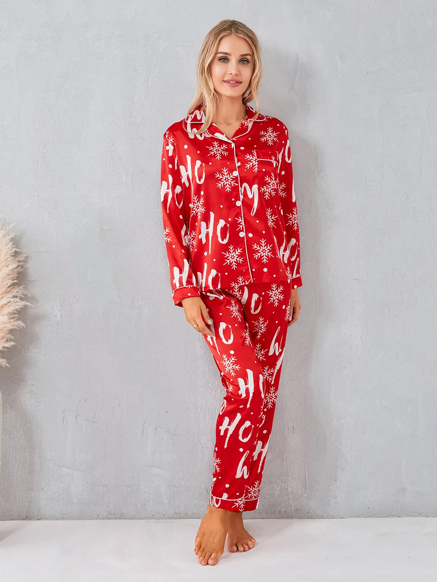 Women\'s 2 Piece Red Snowflake Christmas Pajama Set Christmas Long Sleeve Button Up Shirt + Pants Set Pajamas Lounge Wear