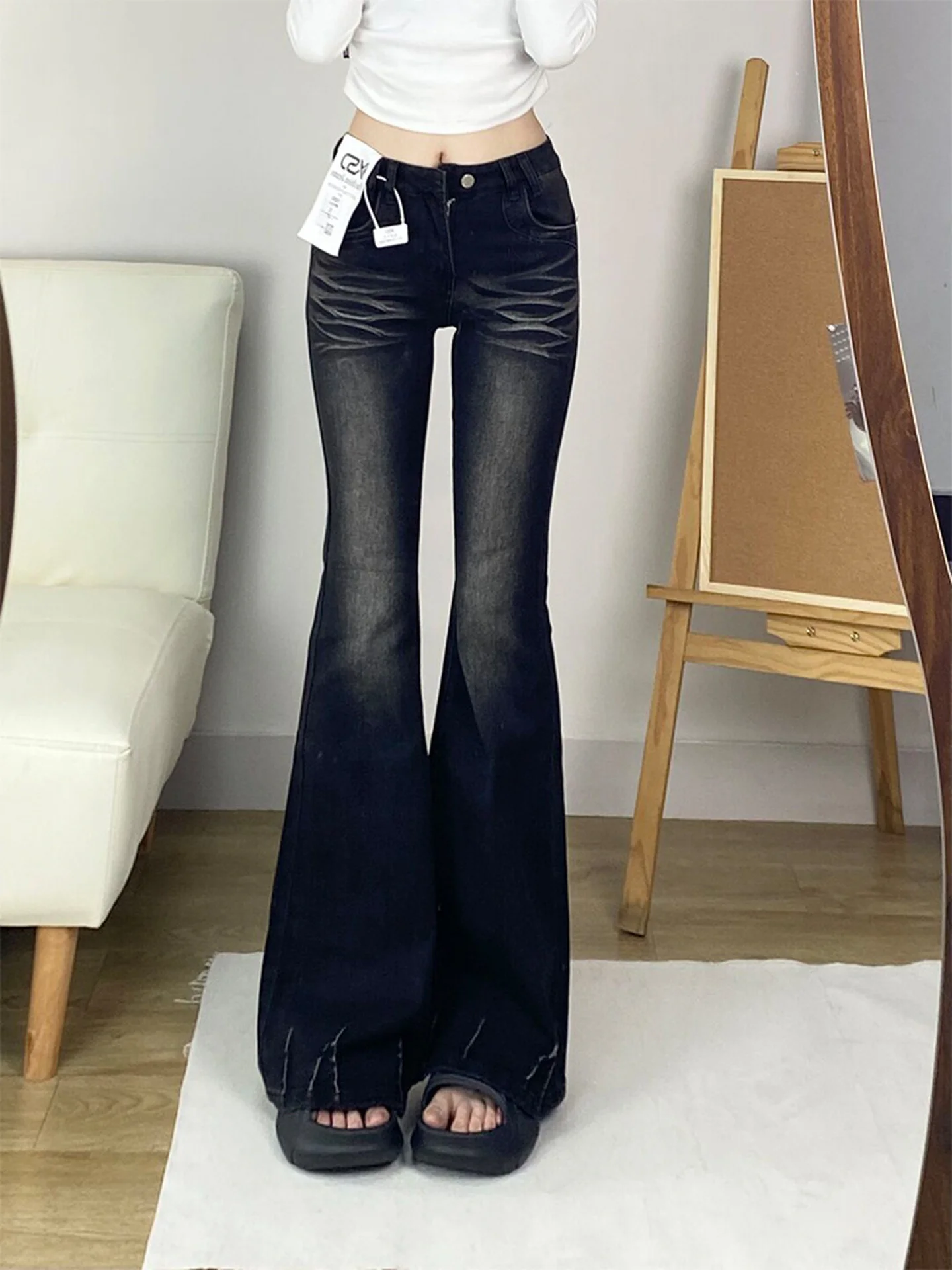 Hochgeschnittene Gerade Jeans im Amerikanischen Stil für Damen, Herbst-Winter Neuheit, Sexy Mädchen Lange Hose, Lässig Einfarbig