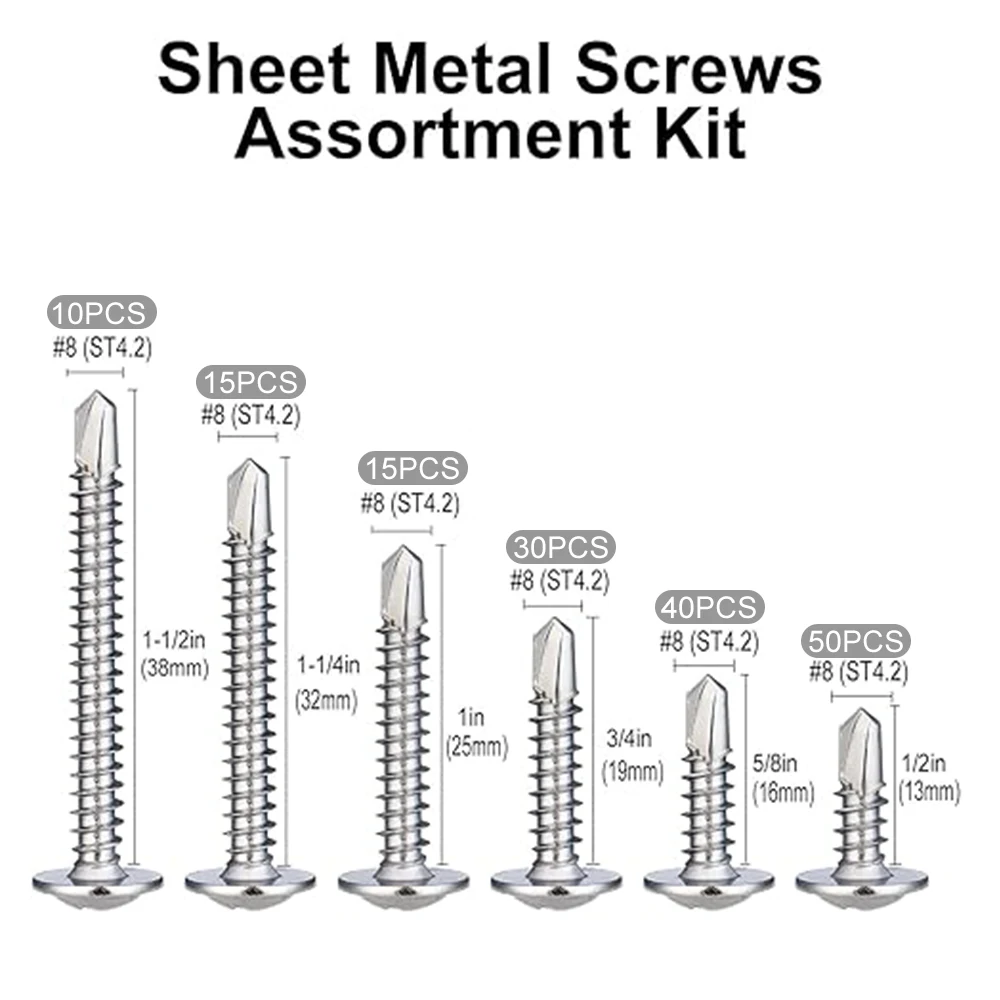 160Pcs #8 Self Tapping Screws Assortment Kit, 410 Stainless Steel Self Drilling Screws Assortment Kits for Metal