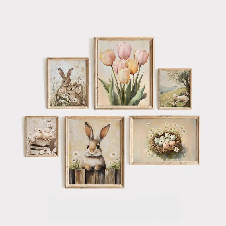 1Pc Frameless Easter Bunny Bird Animal Diamond Painting Neutral Spring Flowers Plants Farmhouse Wall Art Poster for Modern Hom