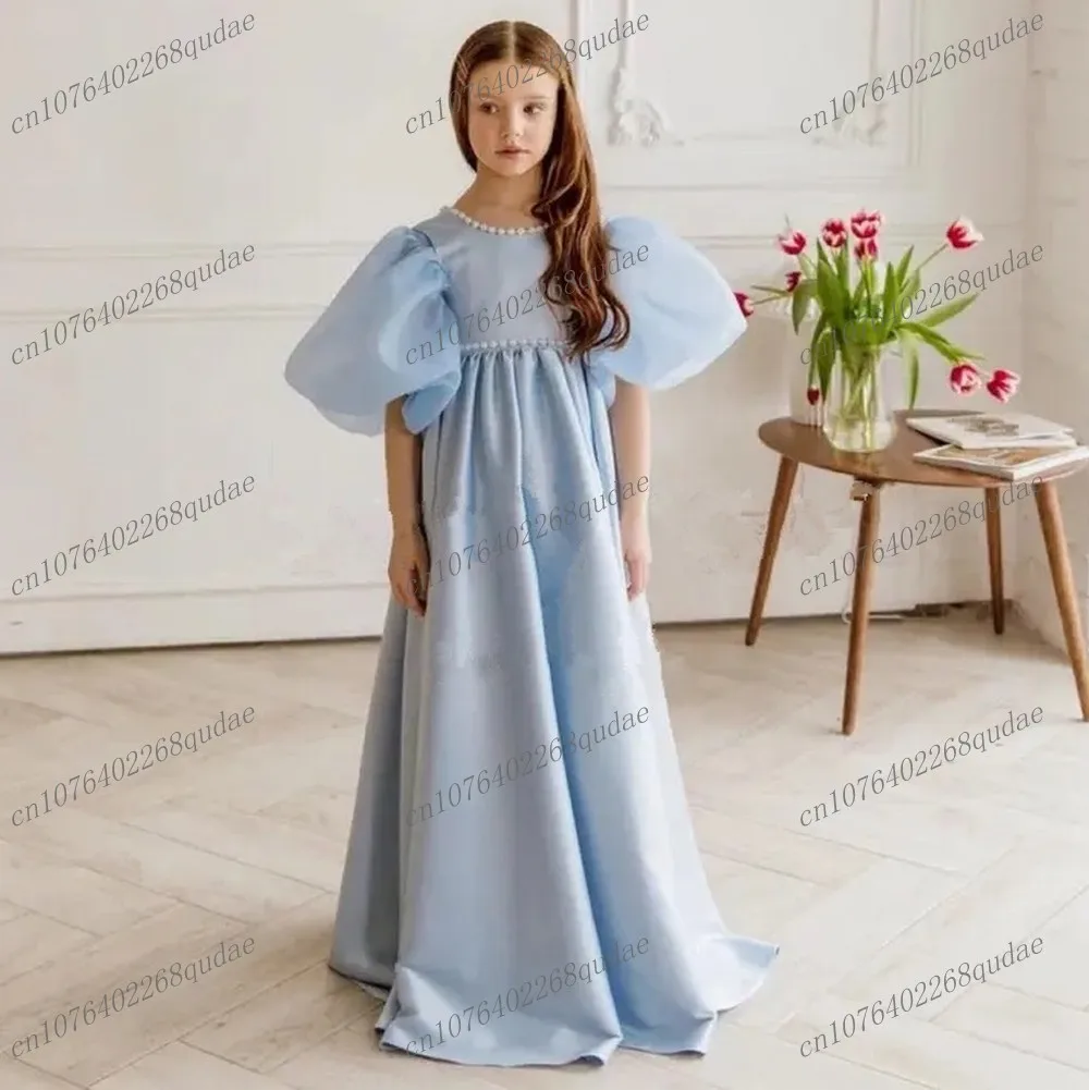 

Sky Blue Tulle Satin Pearl Short Sleeve Flower Girl Dresses Princess Dress First Communion Dress Toddler Baby Gown Custom Made