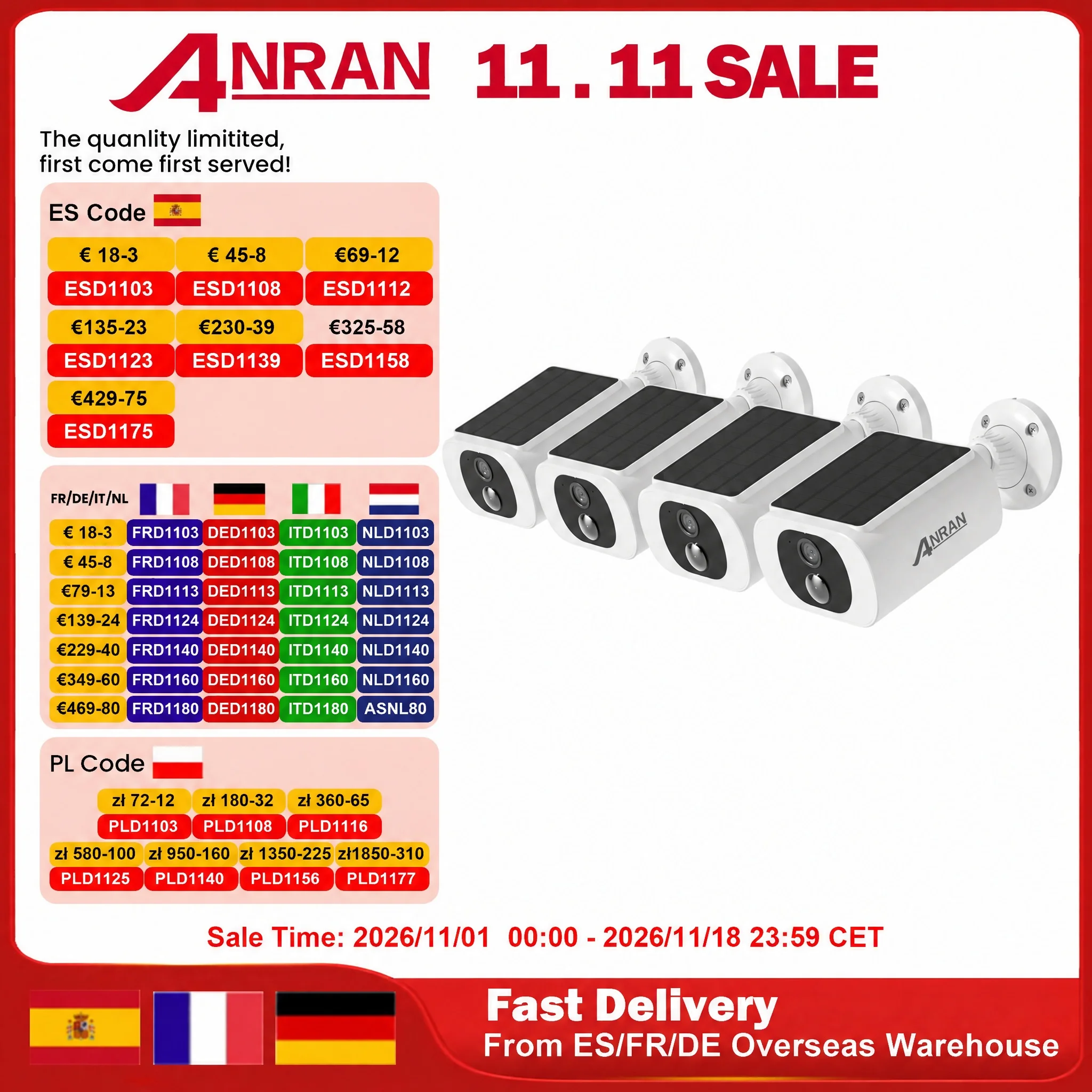 ANRAN 2K Solar Camera 4PCS Home Security Cameras Set 2.4G Wireless WIFI Camera Built-in Battery,Floodlight,Color Night Vision