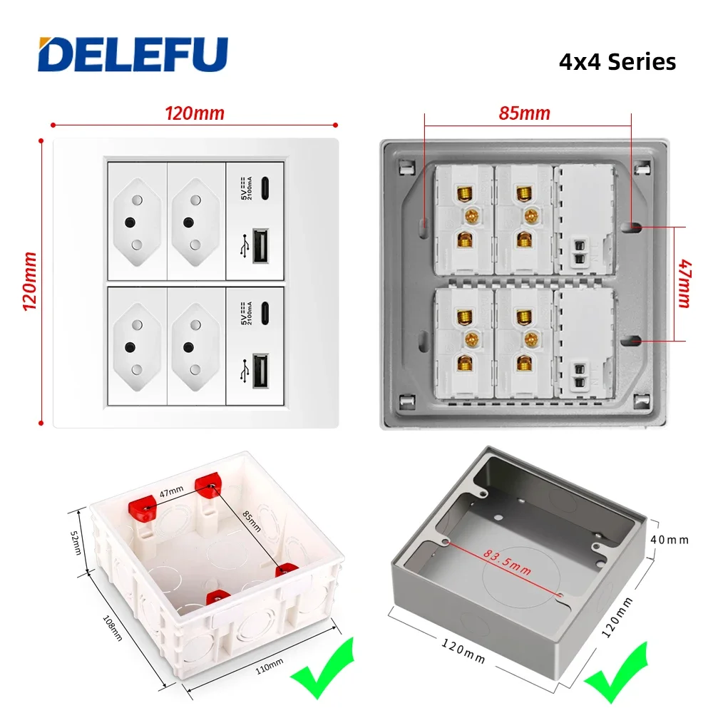 DELEFU 4x4 Fireproof PC Panel Brazil Standard Outlet Double USB Type C Wall Power Socket Light Switch Office White 10A 20A