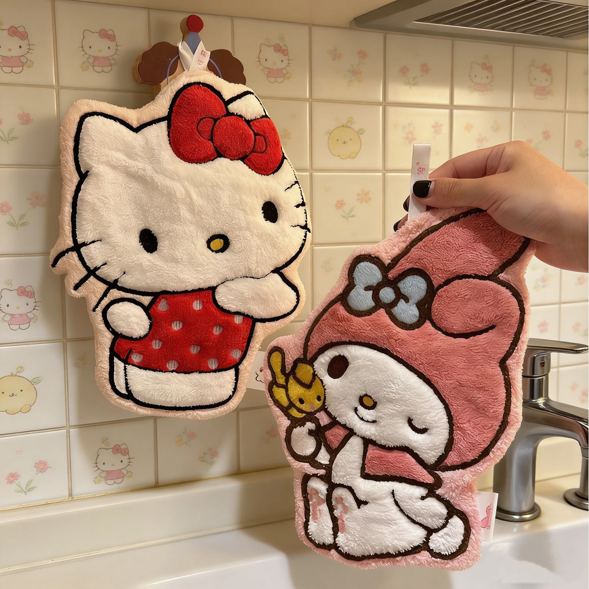 

Hello Kitty & My Melody Cute Hanging Hand Towel - Extra Soft Double-Layer Thickened Super Absorbent Towel for Kitchen Bathroom