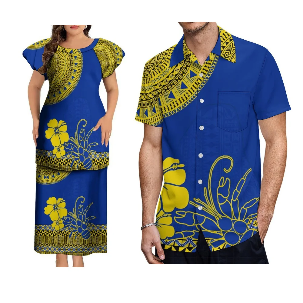 Round-Neck Couple Style Puletasi Dress Shirt Samoa Fiji Islands Art Print Custom Polynesian Tribal Ethnic Retro Women'S Dress