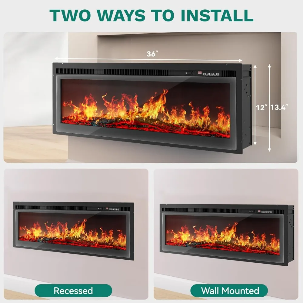 YITAHOME 36 Electric Fireplace Inserts, Fireplace Heaters for Indoor Use, Recessed or Wall Mounted, Remote Control with Timer, A