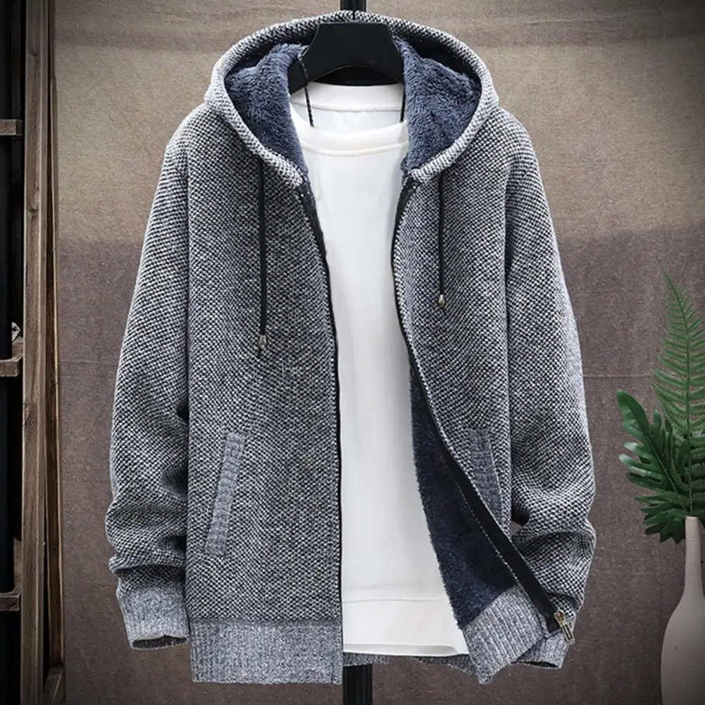 Basic Cardigan Knitted Jacket Men's Winter Fleece Hooded Jacket with Drawstring Zip-up Sweater Coat Elastic Cuff Retro for Daily