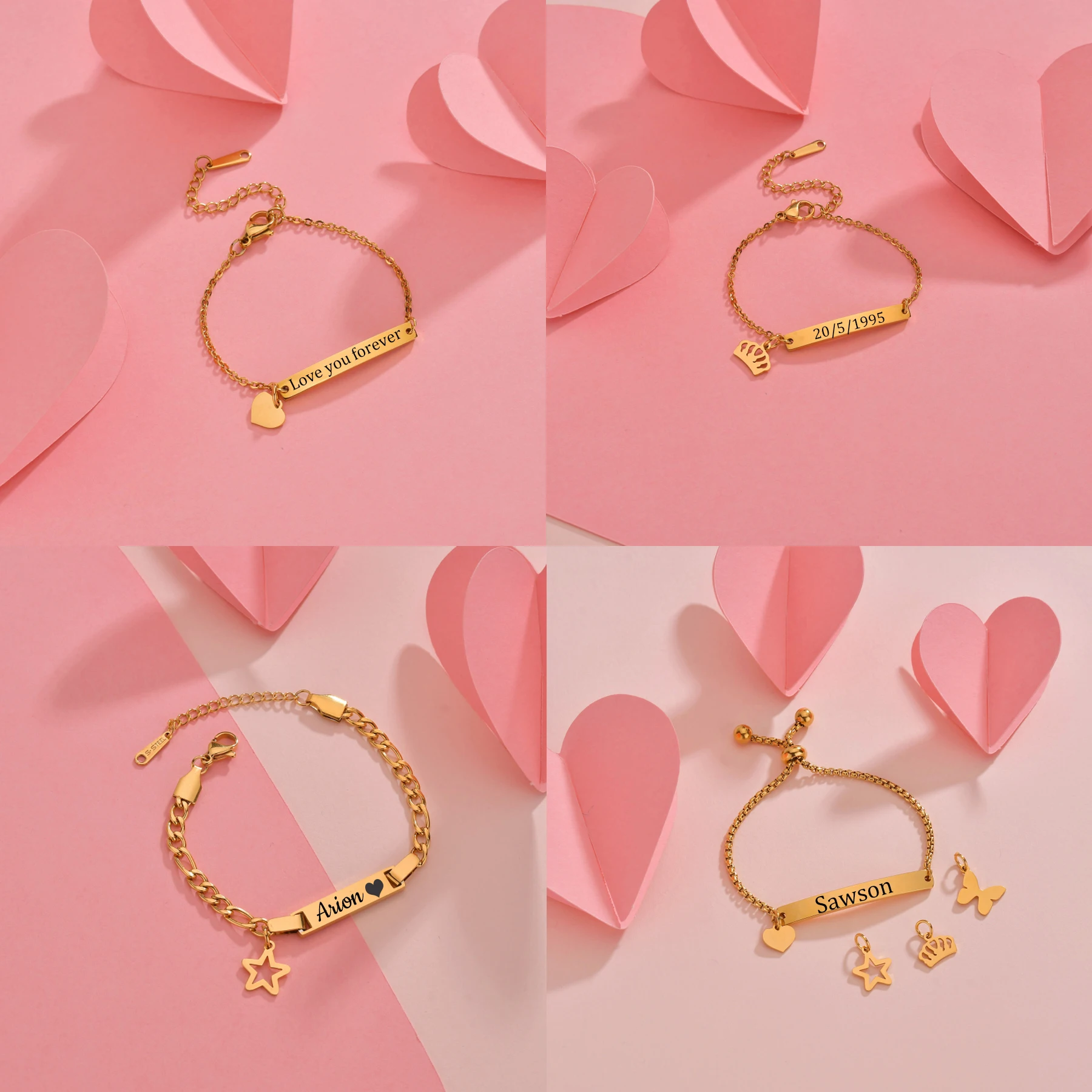 Engraved Name Baby Bracelets for Women Kids Stainless Steel Jewelry Personalized Customized Crown Heart Boys Girls Birthday Gift