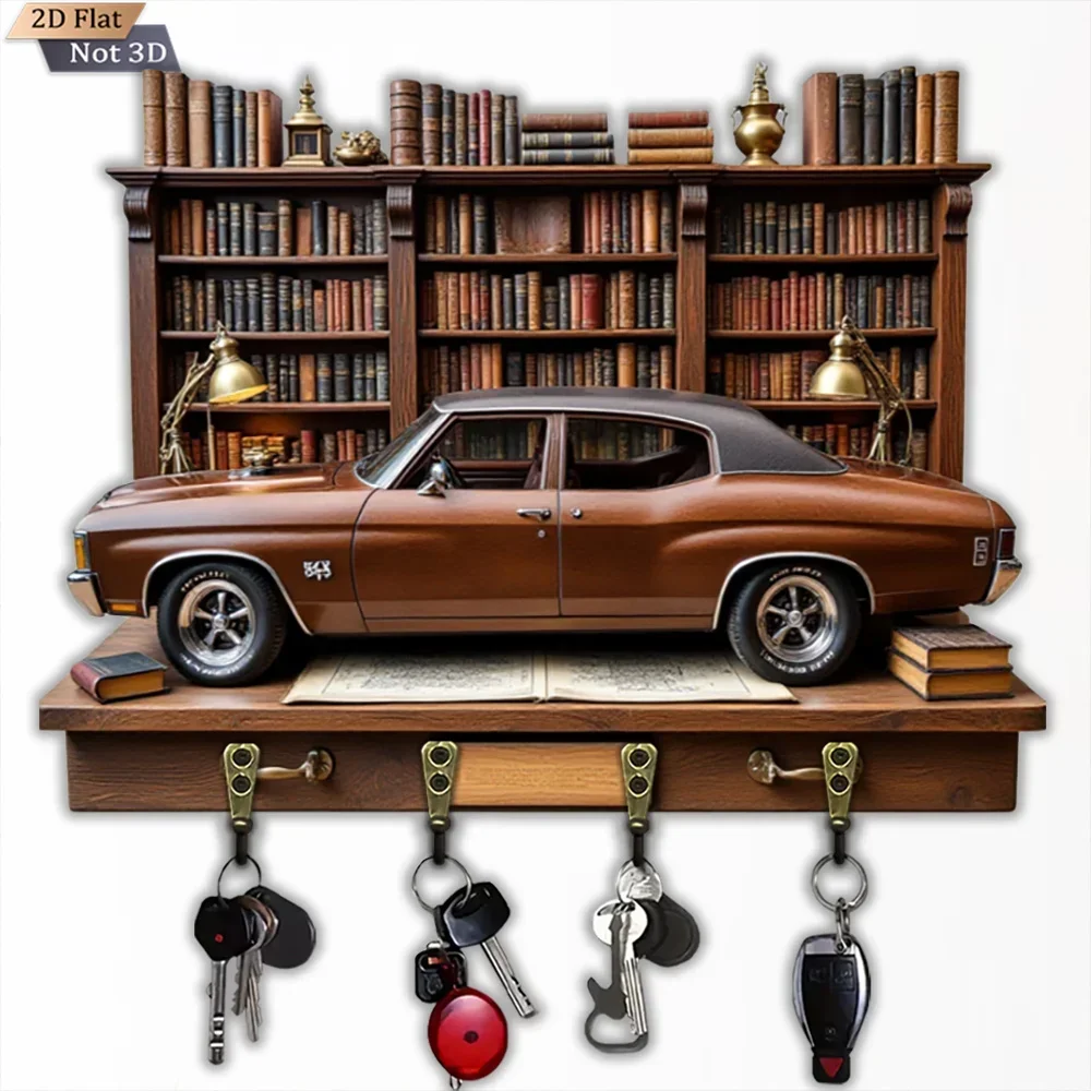 2D Flat, 1pc, Retro Wooden Car Key Hook, Wooden Multifunctional Home House Key Hook, with Four Metal Hooks, Wall Decoration,