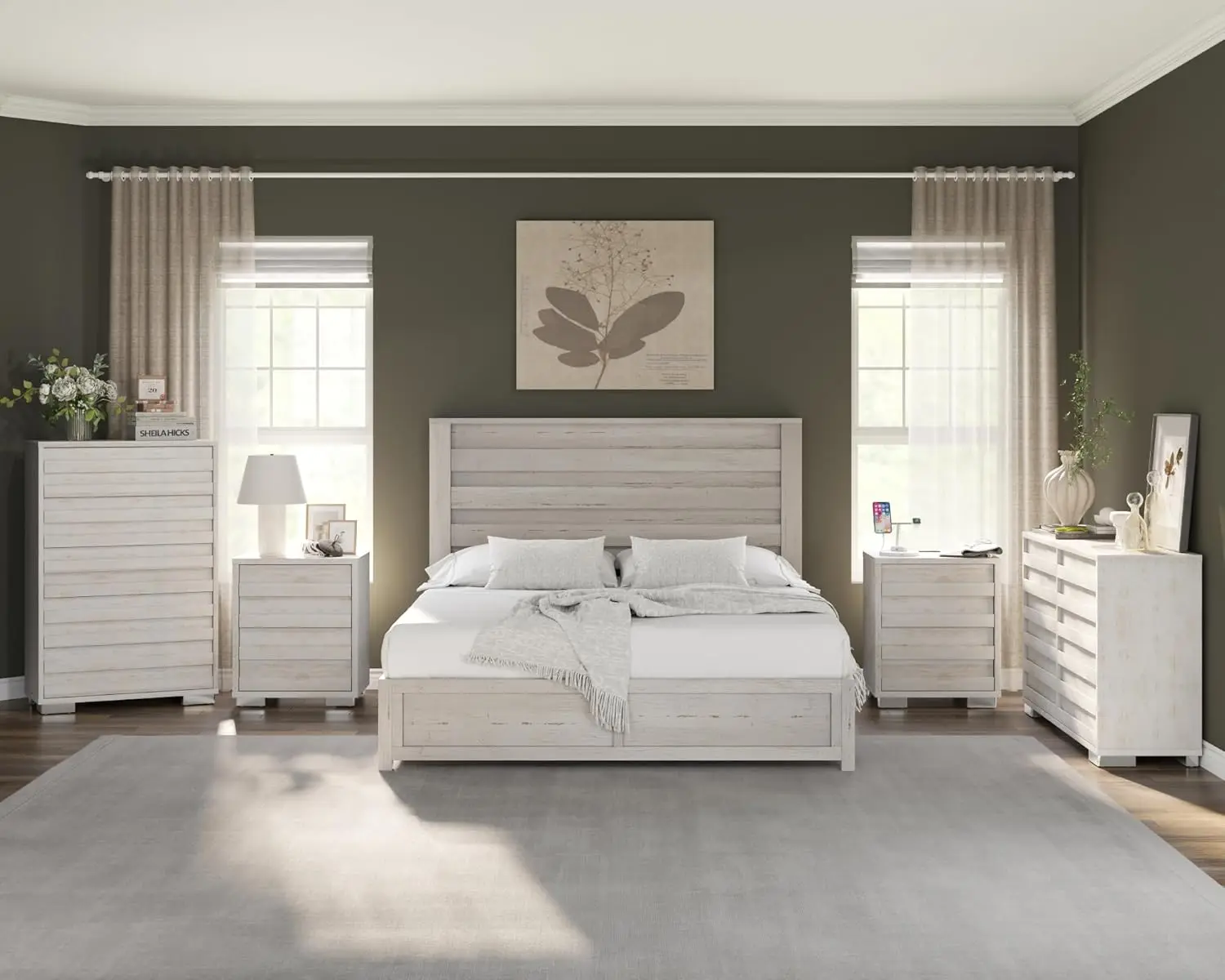 Amerlife 5 Pieces Farmhouse Bedroom Sets, Full Size Bed Frame With 49