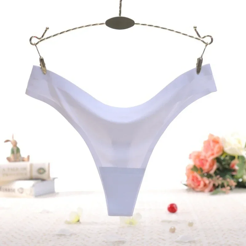 Sexy G-string Low Waisted Tanga Knickers Ice Silk Seamless Invisible Thong Pure Cotton Bottom T-back Underpants Women 9 Colors