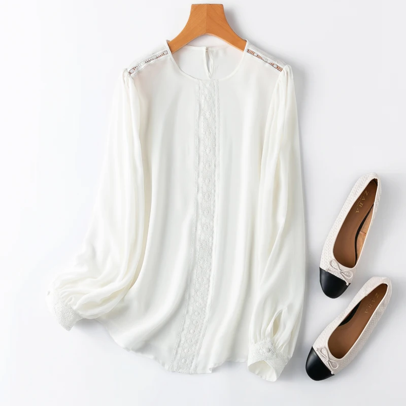 

Women Silk Blouse 100% Mulberry Silk Crepe Silk 16 Momme White Lace O Neck Pullover Top Shirt 2025 Office Work M1254