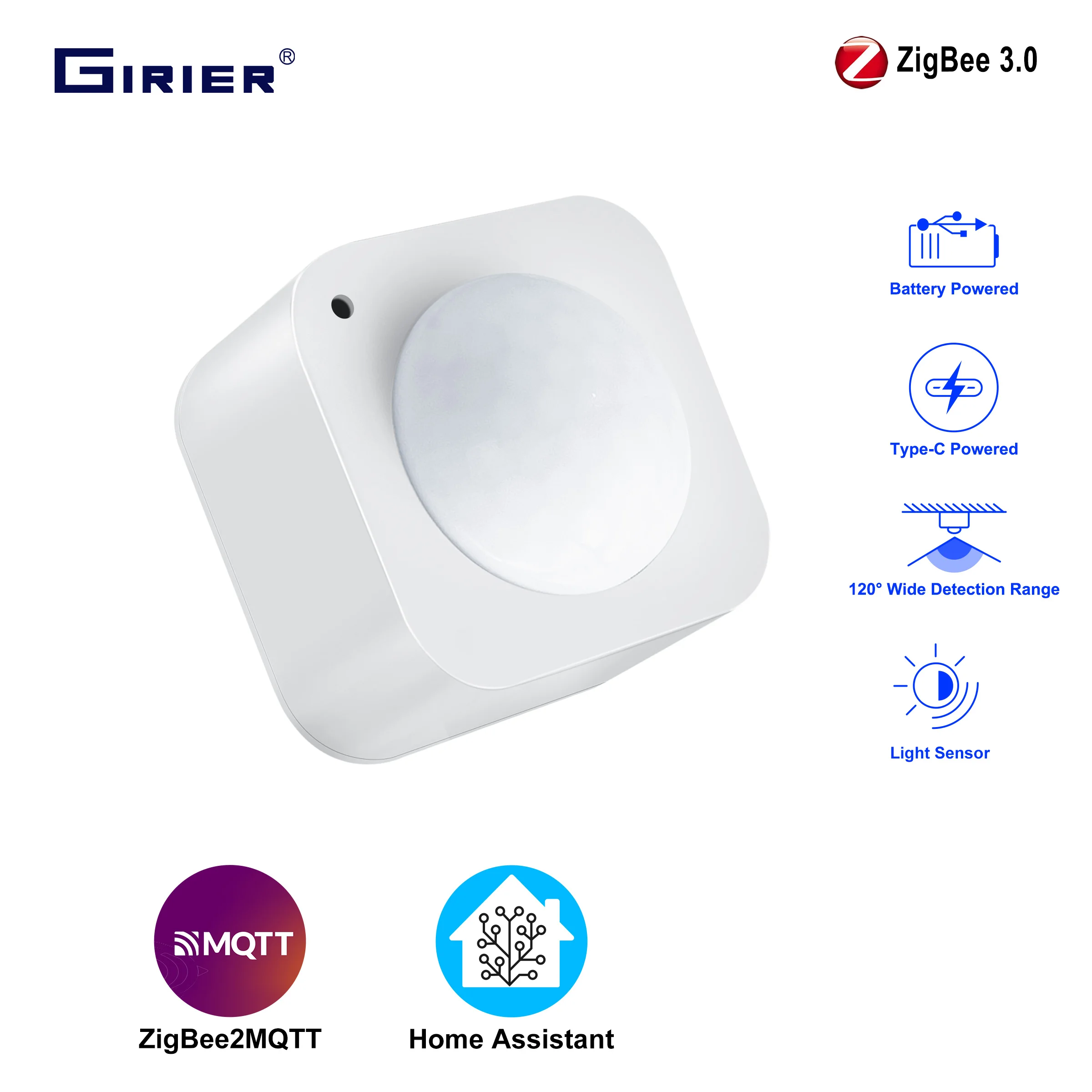 

GIRIER Smart PIR Motion Sensor ZigBee 3.0 Human Movement Detector 2-in-1 Light Sensor Compatible with Home Assistant ZigBee2MQTT