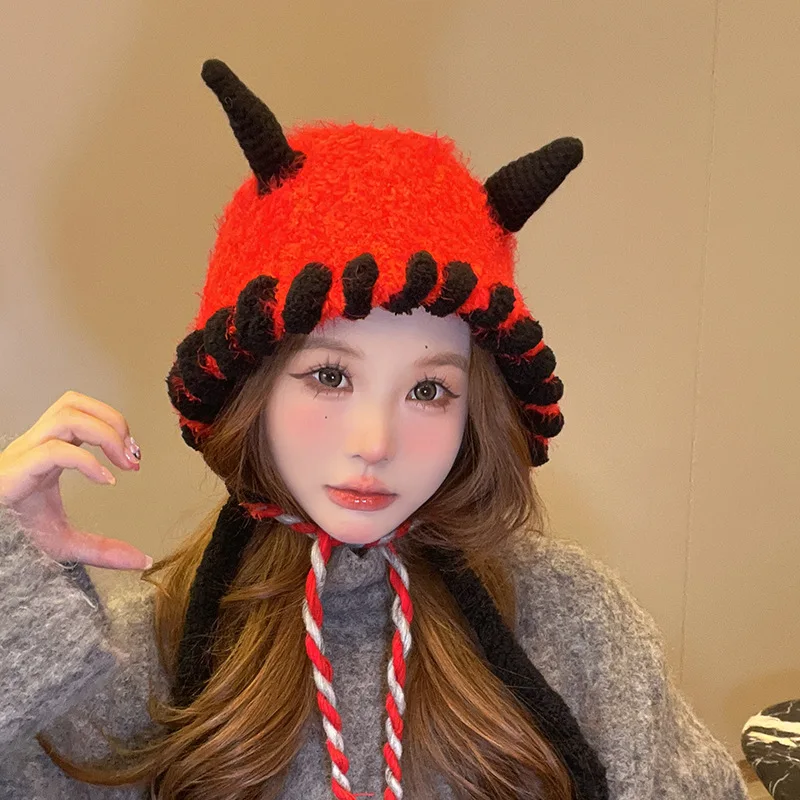 

Cashmere cute little monster hat brimless hat autumn winter warm plush handmade knit hat cute silly funny woolen hat plush hat