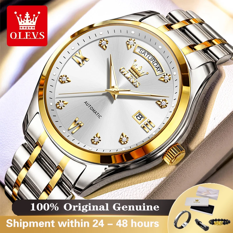 OLEVS 6752 Automatic Mechanical Watch Men Luxury Business Stainless Steel Wristwatch Waterproof Diamond Dial Day Date Clock