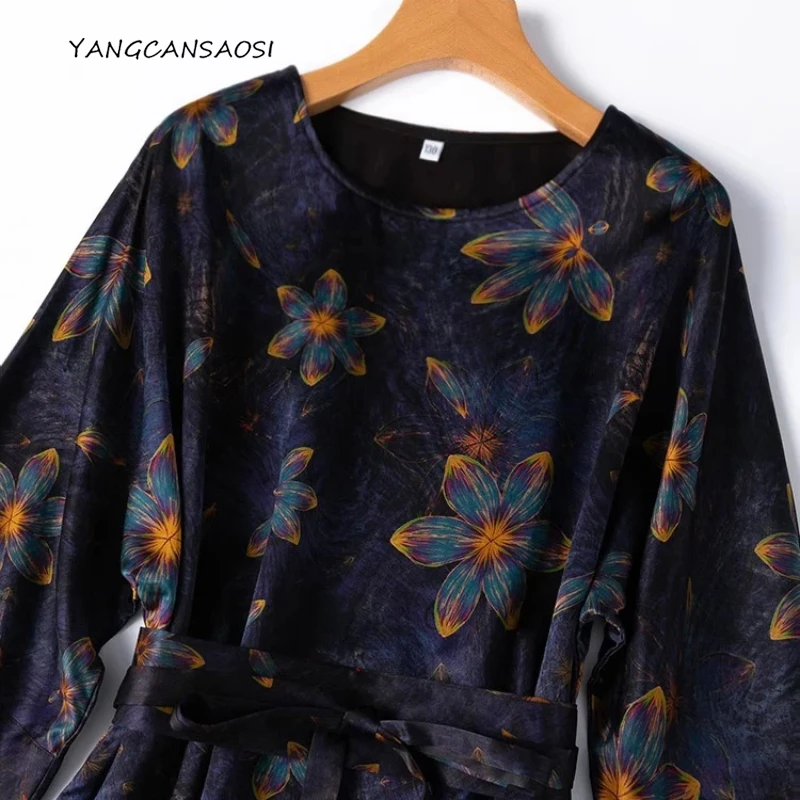 

Long Style Chinese Printed 50MM Heavyweight Fragrant Cloud Yarn Round Neck Waist Seal Exquisite Fashionable Dress