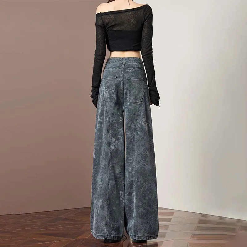 Nuevos pantalones vaqueros con estampado negro y gris para mujer, pantalones de pierna ancha Retro de cintura alta para otoño e invierno, pantalones vaqueros informales para mujer