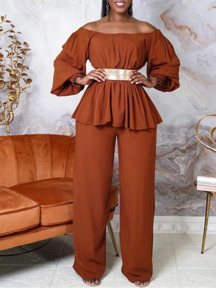 

New Fashion Off-shoulder Top+long Pants Sexy Solid Color Casual Loose 2 Pieces Sets Long Sleeve Elegant Suits Women Clothing