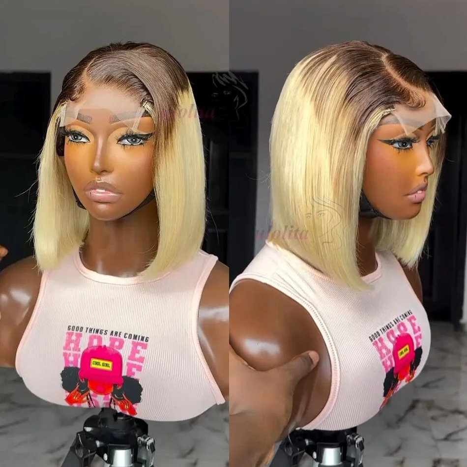 

Ombre Honey Blonde Short Bob Wig Human Hair 1b/613 4/613 Dark Root HD Lace Front Wigs Straight 13X4 Colored Cut Lace Frontal Wig