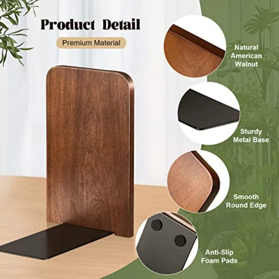 4 أزواج من الدفتين الخشبية شديدة التحمل للأرفف حامل كتب جوز كبير قوي مقاس 5.2 × 3.2 × 4.2 بوصة مكتب مكتب مزخرف Acc #4