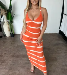 Striped Cami Bodycon Maxi Dress, Vacation Sleeveless Spaghetti Strap Dress