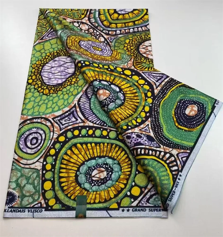 قماش شمع ذهبي أفريقي رائج البيع 100% نسيج قطن خالص، نسيج شمع أفريقي نسائي عالي الجودة، مقاس 5