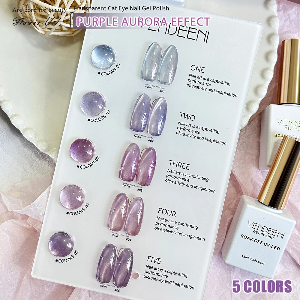 Vendeeni 5 Farben/Set Lila Katzenaugen-Gel-Nagellack Magnetischer UV-LED-Gel-Lack Aurora-Effekt Katzenaugen-Gel-Lack mit Display – Detail 10