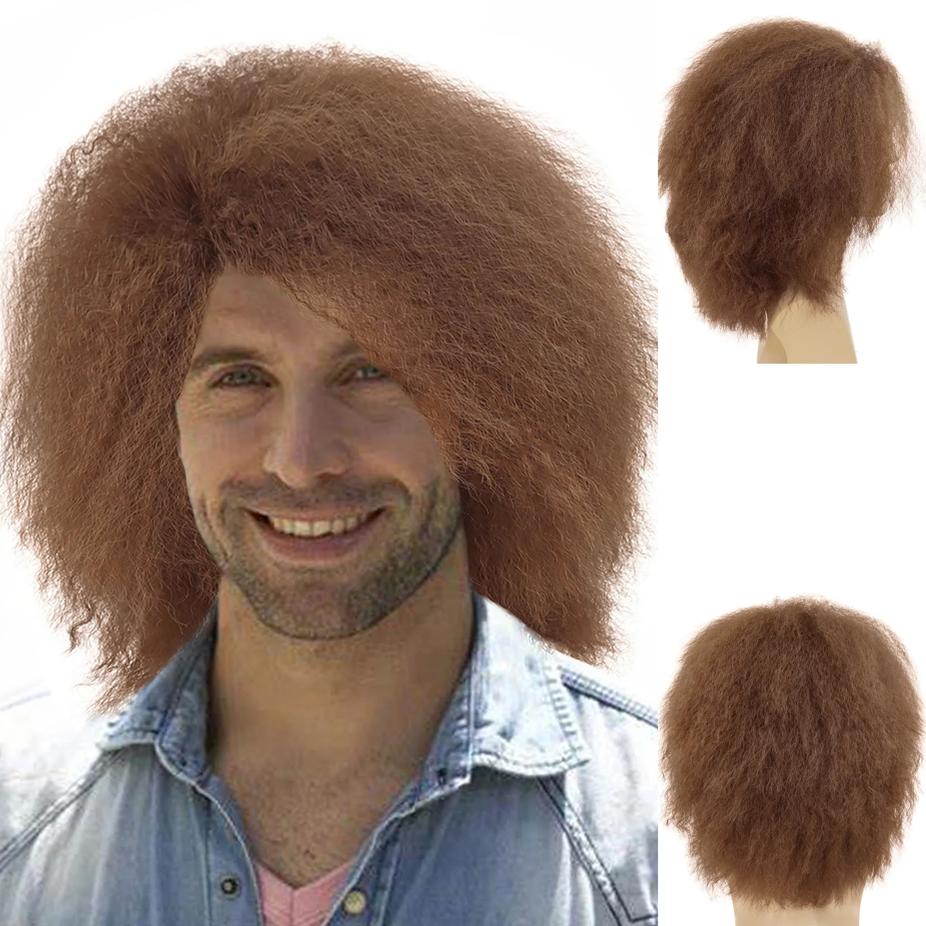 

Synthetic Mens Wigs Short Brown Color Big Afro Hair Replacement Wigs Yaki Straight Wig for Men Toupees Daily Cosplay Costume