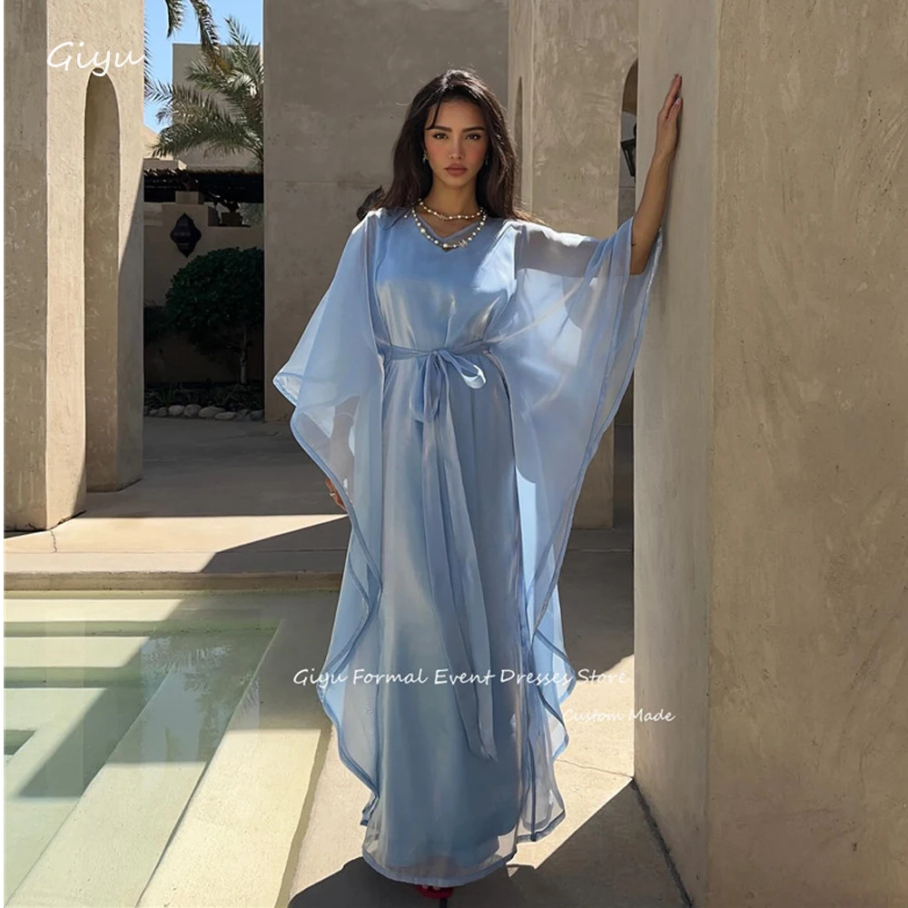 

Giyu Simple Blue Organza Evening Dresses Dubai Arabic Women Long Sleeves Formal Occasion Dress Prom Party Gowns Vestidos