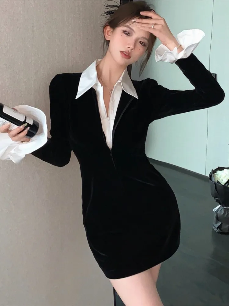 Autumn Sexy Bodycon Mini Dresses for Women Velvet Patchwork Turn-down Collar Flare Sleeve Shirt Dress Korean Chic Y2K Vestidos