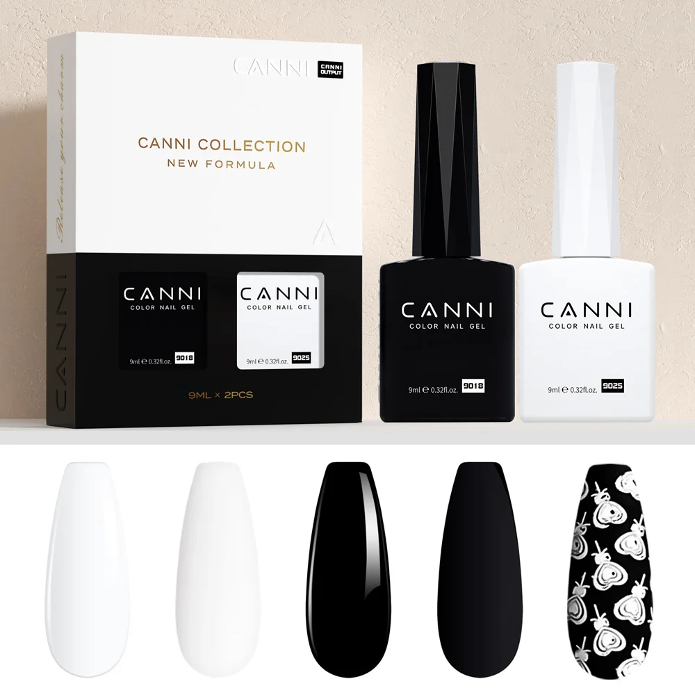 

2pcs*9ml CANNI HEMA FREE Nail Gel Polish Pure Black Kit Solid White Full Coverage Soak off UV LED Gel Varnish pH Bond Primer Set