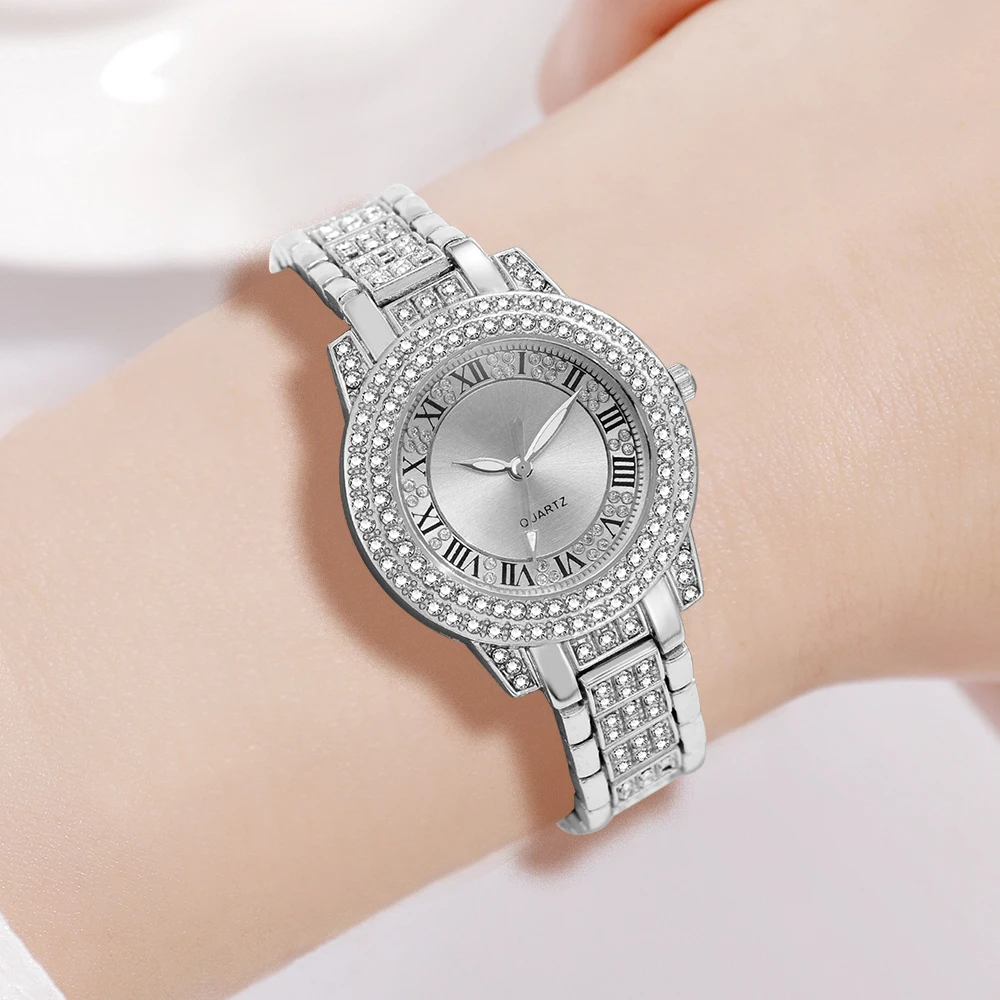 Silver 5PCS/Set Women Watch Roman Numeral Scale Diamond Dial Quartz Wristwatch Alloy Strap Watch Anchor Jewelry Set Gift For Mom