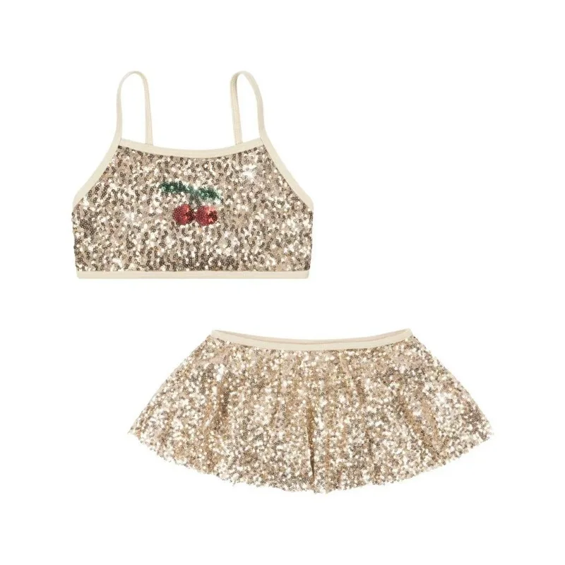 Girls Swimwears Sequined Cherry Split Swimsuit  Girl Cute Bikini Set  Kids Beach Swimwear Bikinis Baby Swimsuits One-pieces