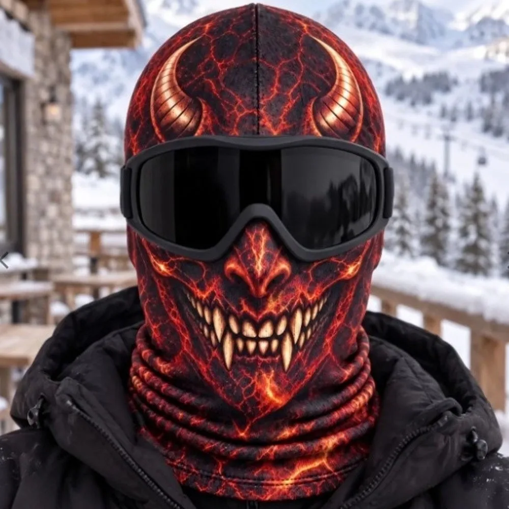 3D Printed Skull Demon Print Funny Ski Mask Breathable Eye Hole Full Coverage Ski Mask Hood Windproof Quick Dry