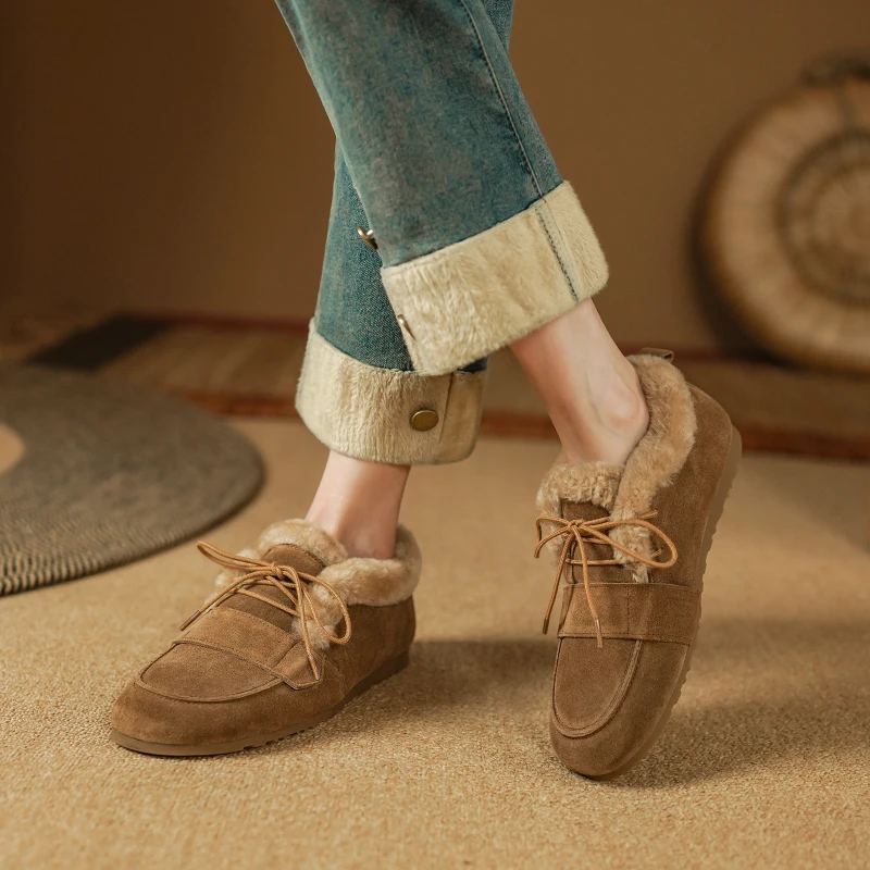 

Women's Suede Winter Warm Lambswool Slippers, Lace-Up Round Toe Flat Loafers for Cozy ComfortHot Sales 2024