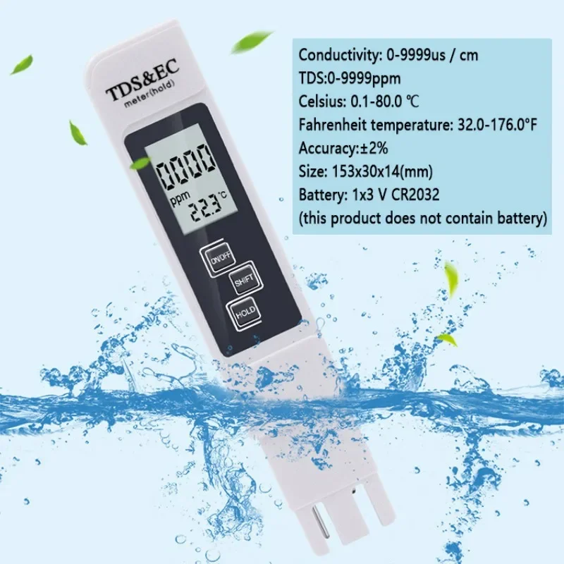 Digital Water Quality Tester TDS EC Meter Range 0-9990 Multifunctional Water Purity Temperature Meter TEMP PPM Tester