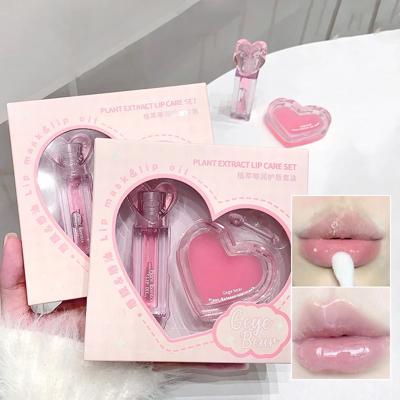 Juego de cuidado de labios de corazón rosa, hidratante, Reduce las arrugas secas, tinte transparente, espejo, aceite de labios DUDU, máscara de labios, lápiz labial para niña, Base de maquillaje