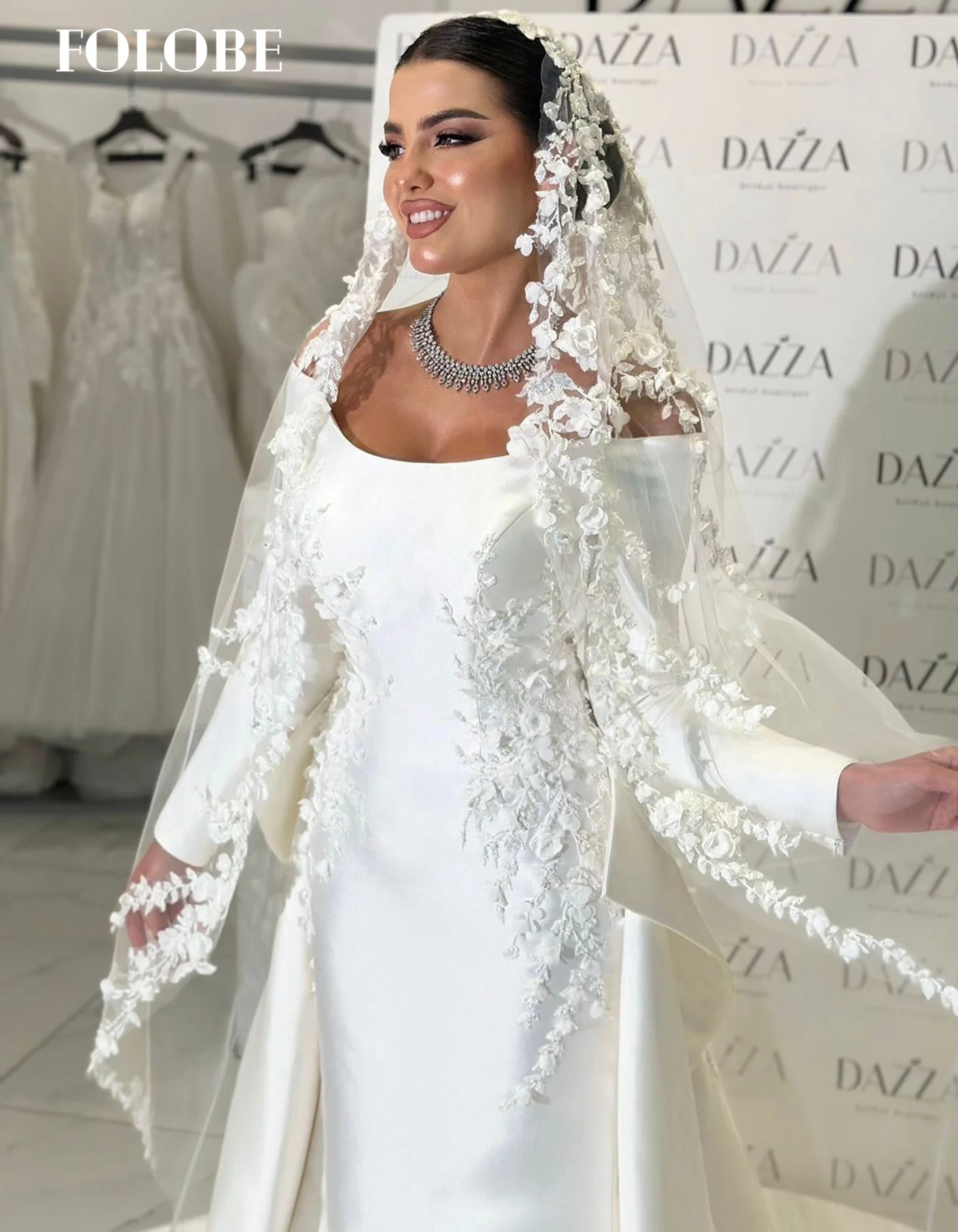 FOLOBE épaules dénudées robe De mariée femme sirène avec des fleurs robes De mariée Appliques sans manches Tulle Vestido De Novia personnalisé