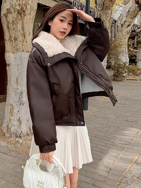 2025 New Women's Short Lamb Leather Cotton Jacket with Faux Fur Collar Winter Warm Padded Coat V-Neck Zipper Closure  Color